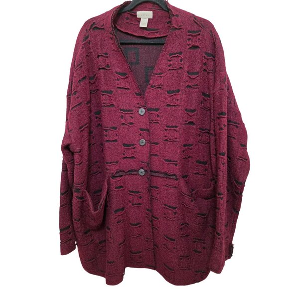 Vintage J.JILL Women's Fisherman Oversized Burgundy Cardigan Jacket Wool Blend S - Picture 1 of 10